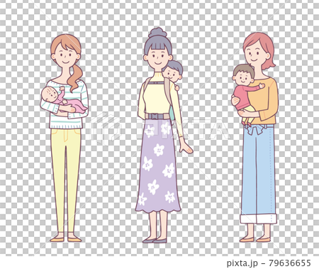 赤ちゃんを抱っこ・おんぶする女性　笑顔　セット 79636655