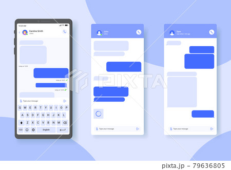 Chat speech bubbles on smartphone screen, dialogue balloons for private message sending blue vector template Chat speech bubbles on smartphone screen, dialogue balloons for private message sending blue vector template 79636805