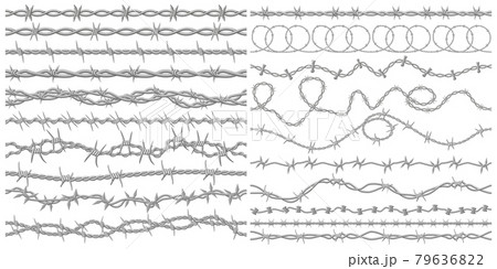 Barbed wire. Razor metallic fencing wire, industrial or prison wire seamless borders vector illustration set. Barb wire protection fencing Barbed wire. Razor metallic fencing wire, industrial or prison wire seamless borders vector illustration set. Barb wire protection fencing 79636822