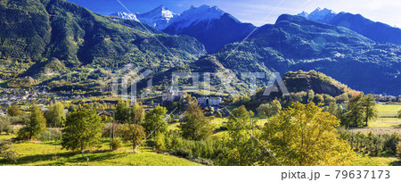 Wonderful nature of northern Italy. Beautiful Valle d'Aosta , castles and mountains 79637173