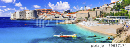 Croatia travel and landmarks - beautiful Dubrovnik town, view of old town and beach 79637174
