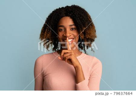 Keep Silence. Portrait Of Cheerful Black Lady Showing Shh Gesture At Camera 79637664