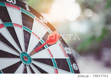 Business marketing success concept. Red dart arrow in center of the target dartboard. Bullseye is a target of business. Business marketing success concept. Red dart arrow in center of the target dartboard. Bullseye is a target of business. 79637701