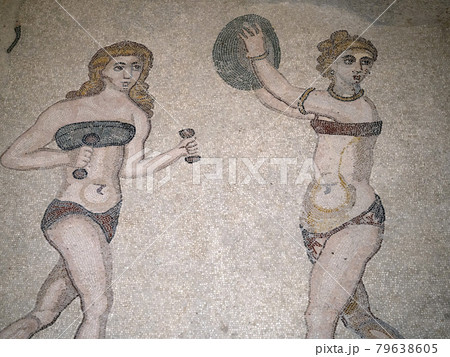 bikini bath girls at Ancient Roman mosaic of Villa del Casale, Sicily bikini bath girls at Ancient Roman mosaic of Villa del Casale, Sicily 79638605
