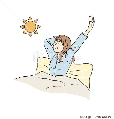 起床、女性、起きる、寝起き、朝日、伸びをする 79638839