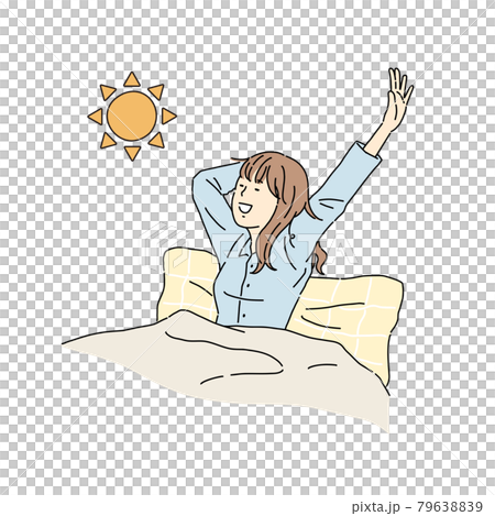 起床、女性、起きる、寝起き、朝日、伸びをする 79638839