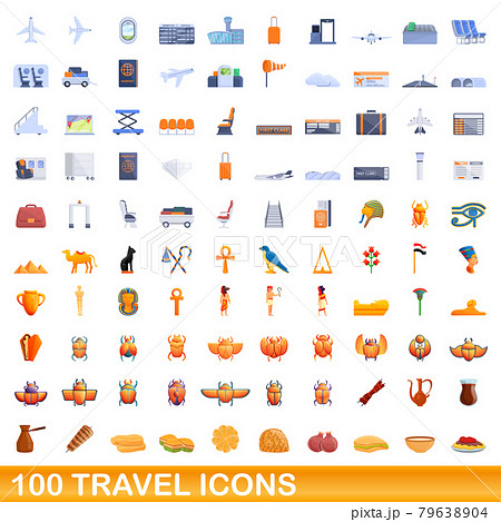 100 travel icons set, cartoon style 79638904
