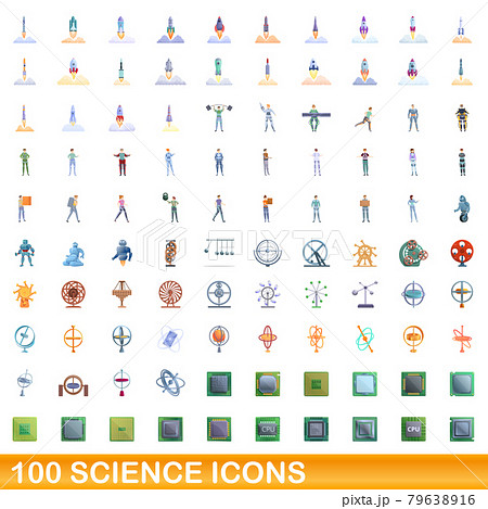 100 science icons set, cartoon style 79638916