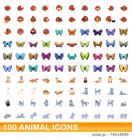 100 animal icons set, cartoon style 79638990