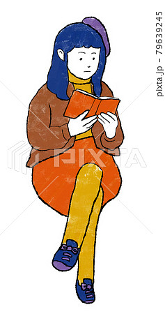 インクローラー手描き人物イラスト 足を組んで読書する少女 本 読む おしゃれ カラフル 読書の秋のイラスト素材