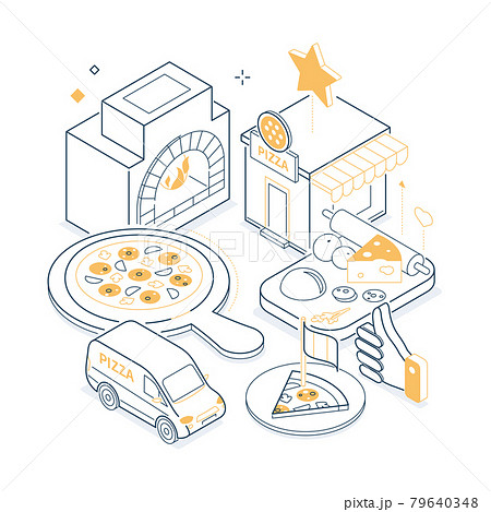 Pizzeria and delivery - isometric yellow and black line illustration 79640348