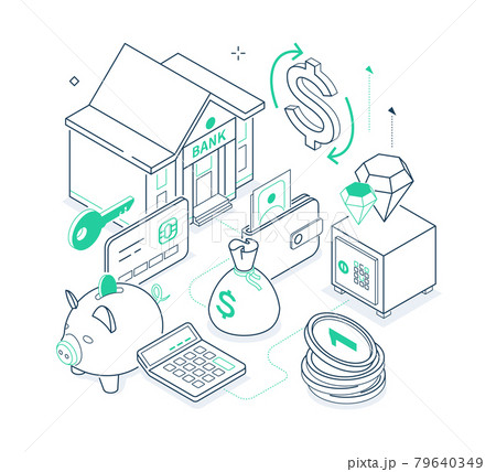 Finances and banking - green and black isometric line illustration 79640349