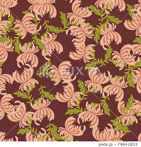 Bloom seamless pattern with simple style pink random chrysanthemum shapes. Maroon background. Bloom seamless pattern with simple style pink random chrysanthemum shapes. Maroon background. 79641653