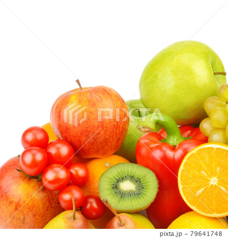 Fruits and vegetables on a platter isolated on a white . There is free space for text. 79641748