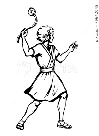 David throws a stone from the sling. Vector drawing 79642048