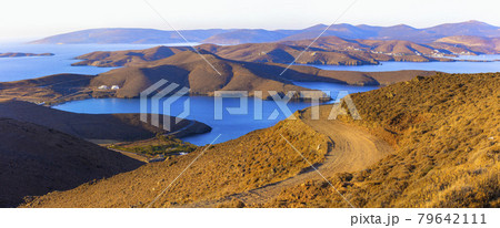wonderful nature scenery of Greece. Astypalea (Astipalaia) island . Golden hills over sunset 79642111