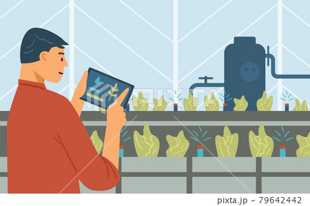 Farmer taking control of plants with smart farm system, vector illustration. Farmer taking control of plants with smart farm system, vector illustration. 79642442