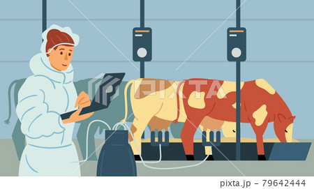 Farmer taking control of farm animals using computer, flat vector illustration. Farmer taking control of farm animals using computer, flat vector illustration. 79642444