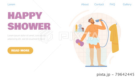 Website template with man taking a shower, flat design. vector illustration. 79642445