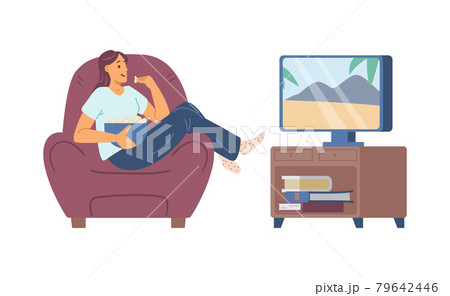 Woman resting and relaxing watching movie, flat vector illustration isolated. Woman resting and relaxing watching movie, flat vector illustration isolated. 79642446