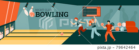 Banner or flyer background with people play bowling, flat vector illustration. 79642464