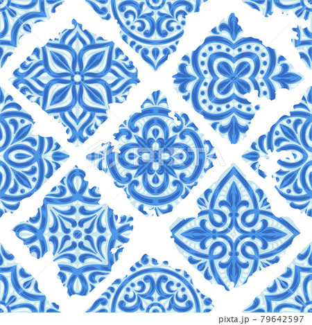 Portuguese azulejo vintage ceramic tile seamless pattern. Old grunge background with chipped enamel tile. Italian pottery or spanish majolica. Portuguese azulejo vintage ceramic tile seamless pattern. Old grunge background with chipped enamel tile. Italian pottery or spanish majolica. 79642597