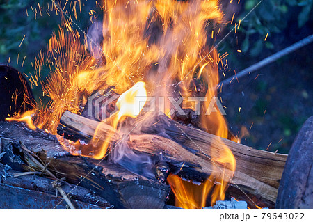 Close-up burning bright campfire outdoors in the dark. Close-up burning bright campfire outdoors in the dark. 79643022
