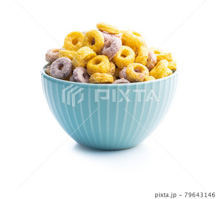 Colorful cereal rings in bowl. Colorful cereal rings in bowl. 79643146