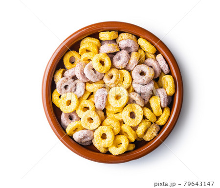 Colorful cereal rings in bowl. Colorful cereal rings in bowl. 79643147