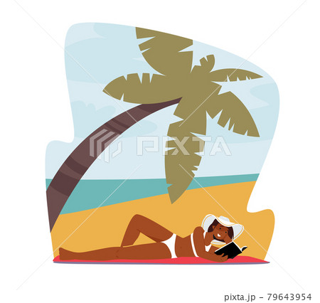Sun Protection Concept. Woman in Bikini and Tropical Hat Lying on Sandy Beach Read Book. Female Character Outdoors Fun 79643954