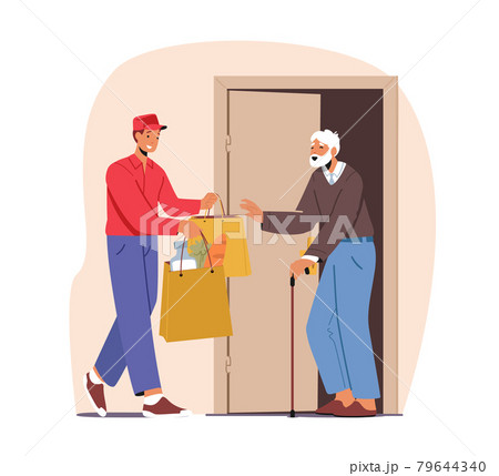 Courier Character Caregiving of Elderly People Bring Grocery or Medicine during Lockdown. Help to Seniors at Pandemic 79644340