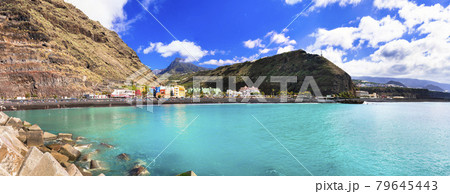 Natural beauty of Canary islands - La Palma, Puerto de Tazacorte with turquoise sea 79645443