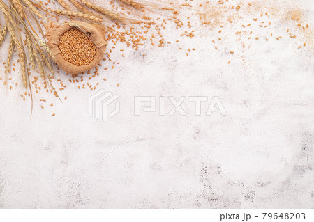 Wheat ears and wheat grains set up on white concrete background. Wheat ears and wheat grains set up on white concrete background. 79648203