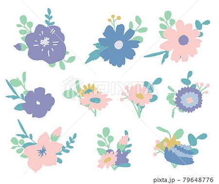 手書きの草木と花 夏カラーの花 ベクターイラスト のイラスト素材