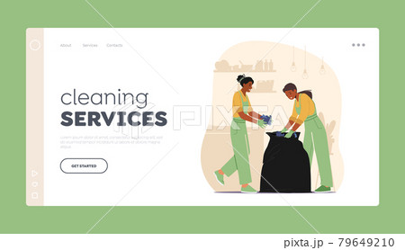 Cleaning Service Worker Duties Landing Page Template. Janitors in Uniform Collect Garbage to Plastic Sack Cleaning Home 79649210