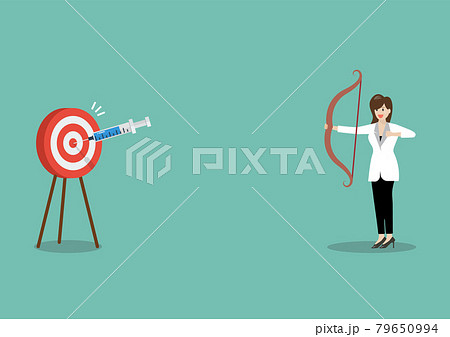 Female doctor or medical research staff shooting vaccine syringe as arrow hitting bullseye target Female doctor or medical research staff shooting vaccine syringe as arrow hitting bullseye target 79650994