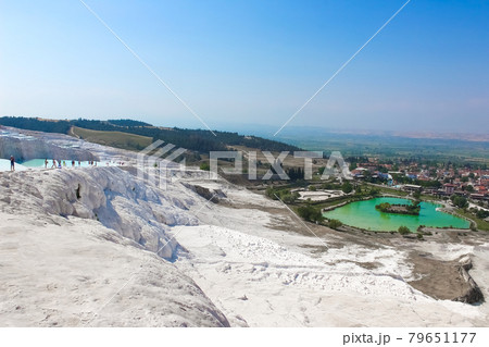 Travertines in Turkey. Calcite cliff of Pamukkale. 79651177