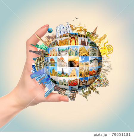 World religious and architecture monuments- collage or globe from different religions from Asia, Africa and Europe. 79651181