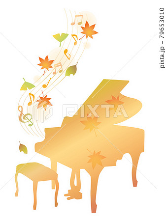 落ち葉が舞う秋色のグランドピアノのシルエット 79653010