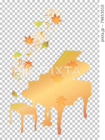 落ち葉が舞う秋色のグランドピアノのシルエット 79653010