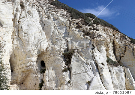 chalk cliffs and grottoes in Rosh Hanikra on the Mediterranean Sea on the border of Israel and Lebanon 79653097