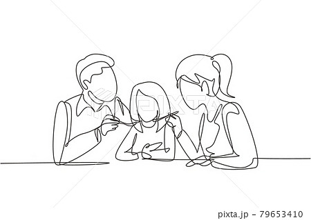 Continuous one line drawing young family having fun together in restaurant. Parents feeds they daughter with love. Happy little family concept. Single line draw design vector graphic illustration 79653410