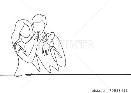 Single one line drawing romantic woman feeding husband for breakfast. Celebrate wedding anniversaries and enjoy romantic moment at home. Modern continuous line draw design graphic vector illustration 79653411