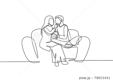Single continuous line drawing romantic Arabian couple sitting relaxed together on sofa, woman feeding popcorn to man. Celebrate wedding anniversary. One line draw graphic design vector illustration Single continuous line drawing romantic Arabian couple sitting relaxed together on sofa, woman feeding popcorn to man. Celebrate wedding anniversary. One line draw graphic design vector illustration 79653441