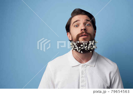 surprised man with beard flowers barbershop style surprised man with beard flowers barbershop style 79654563