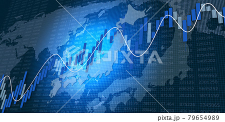 株価チャートと日本地図、世界地図 79654989