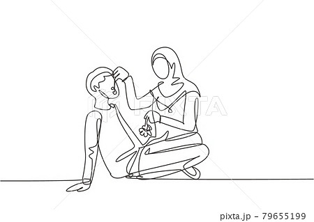 Single one line drawing romantic Arabian couple having picnic in park. Relaxing together sitting on the ground and women feeding grapes to men. Continuous line draw design graphic vector illustration 79655199
