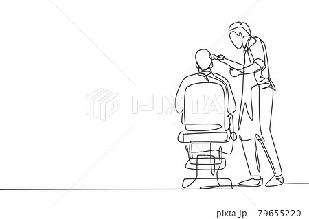 Continuous one line drawing rear view shot of handsome hairdresser cutting hair of young male client. Hairstylist serving client at barber shop. Single line draw design vector graphic illustration 79655220