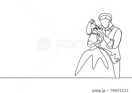 Single continuous line drawing handsome bearded man is looking forward while having his hair cut by hairdresser at barbershop. Grooming of real man. One line draw graphic design vector illustration 79655221