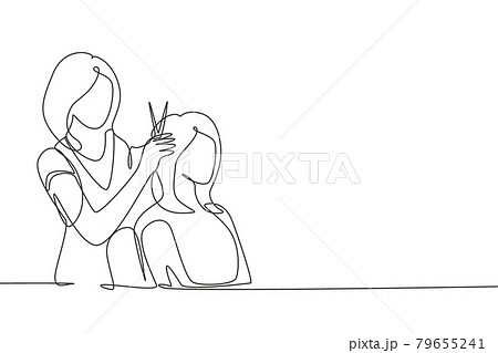 Continuous one line drawing Going for change of style. Beautiful woman discussing hairstyling with her hairdresser holding scissors while sitting in hairdressing salon. Single line draw design vector 79655241